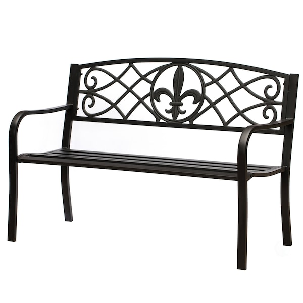 Gardenised Outdoor Garden Patio Steel Park Bench Lawn Decor with Cast Iron Unique Design Back, Black Seating Bench for Yard, Patio, Garden, Balcony, and Deck QI004257 - main
